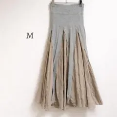 グレー ベージュ 切替 フレア ロングスカート M 上品 都繊維