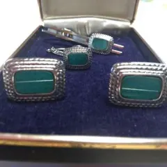 [期間限定格安]緑色の天然石 シルバー ネクタイピン カフス リング セット