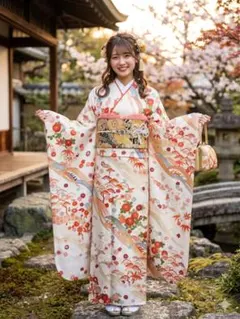 振袖フルセット　正絹振袖　袋帯　成人式　白地系　駒刺繍　金彩