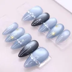 【479】ネイルチップSサイズ 青　星 黒　パールフレンチ　ビジュー　マグネット
