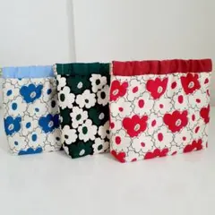 北欧　花柄　バネポーチ　3点セット　ハンドメイド　ポーチ　赤　緑　水色