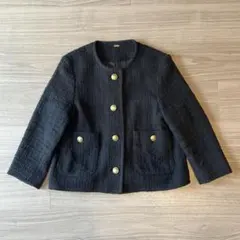 ミラオーウェン ノーカラーAライン金釦ツイードジャケット　黒　金ボタン　綿