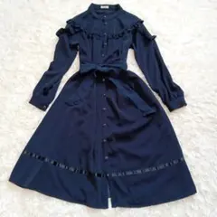 axes femme アクシーズファム プチフリル ロングワンピース リボン　紺