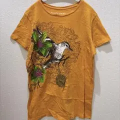 【ELECTRIC CAFE】鳥＆ボタニカル柄 半袖Tシャツ オレンジ XL