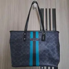COACH ストライプ トートバッグ ネイビーデニム ショルダーストラップ 