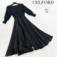 美品【セルフォード】アシンメトリードレープ切替フレアワンピース☆上品☆☆黒☆36