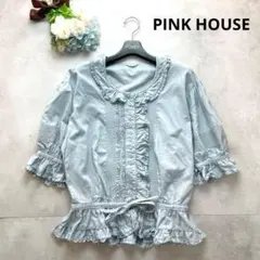 美品】PINK HOUSE 半袖シャツ リボン ピコフリル ヴィンテージ 白