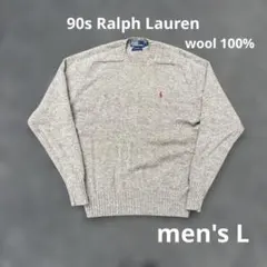 90s ラルフローレン ウール ニット ブラウン 茶 ポニー刺繍 赤 メンズ