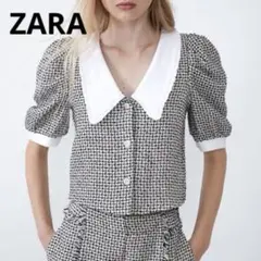 格安　ZARA ザラ ツイード トップス ブラウス フリルカラー パフスリーブ