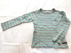 BREEZE ボーダー長袖Tシャツ グレー×ミント 胸ポケット付き 120