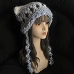 90ハンドメイド　猫耳ニット帽　紐付　ホワイト×ブルー　bubbles core