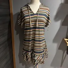 【美品】カラフル ボーダー パーカー フリル半袖チュニック チュニックワンピ