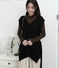 サイドスリットオーバーサイズロングVネックニットベスト