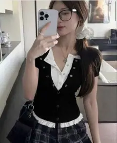 ボタン付きVネック半袖トップス shein