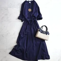 美品 ヨシエイナバ 半袖レース切替プリーツワンピース 38 ネイビー 紺