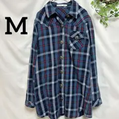 【M】 ブルー チェック 長袖シャツ ロング丈 羽織り カジュアル 春秋