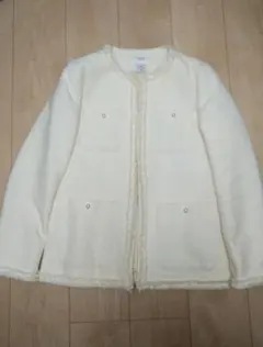 オペークドットクリップ ツイード ノーカラー ミドル ジャケット　ホワイト　M