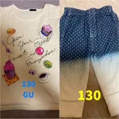 《130サイズセット売り》GUノースリーブTシャツとデニム生地水玉長ズボンのサムネイル