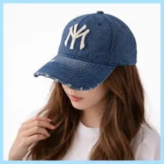 NYロゴ デニムキャップ 刺繍 ユニセックス インディゴ 帽子 ベースボール