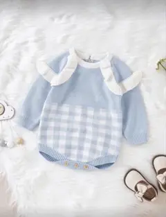 SHEIN水色 ギンガムチェック ニットロンパース　80cm
