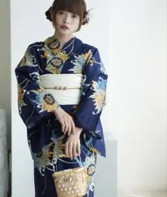 ニコアンティーク 高級変わり織 浴衣&帯 2点セット 南蛮渡来 ネイビー