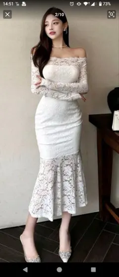 SHEIN Dazyオフショルダー レース ロングワンピース ホワイト