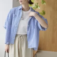 新品 ANGIEシアーオーバーサイズレギュラーカラー半袖シャツ／無地／ストライプのサムネイル