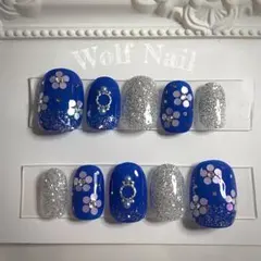 ⑦ ネイルチップ　キラキラ お花 ホロ フラワー シルバーラメ ブルー 青