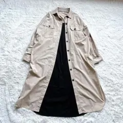 ZARA　バイカラー　ベージュ　ブラック　長袖　シャツワンピース　大きめ　M～L