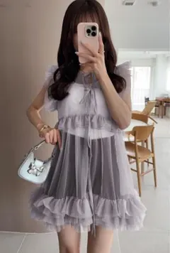 リボンシアーチュールフリルブラウス[al236] ブルーグレー