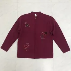 新品　紫の花柄刺繍カーディガン M-L ジップアップ