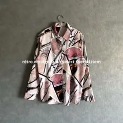 昭和レトロ総柄ブラウス　長袖シャツ　春コーデ　ピンク　ヴィンテージシャツ　古着