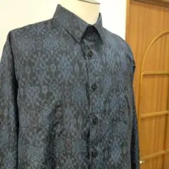 大島紬　メンズドレスシャツ③　長袖　ネイビー　ハンドメイド　着物リメイク