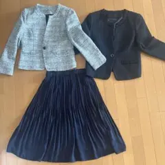 スーツセット 黒と白のツイードジャケットとプリーツスカート、卒儀式、入学式