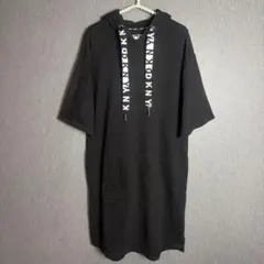 DKNY 半袖 フーディー パーカーワンピース ブラック ロゴドローコード S