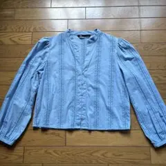 ZARA 水色 刺繍入り長袖ブラウス
