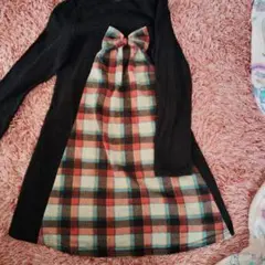 リボン付きチェック柄長袖ワンピース