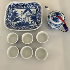 景城銘　染付 中国茶器セット 茶器 ティーポット 湯呑み