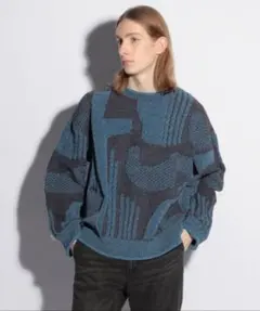 幾何学模様ニットセーター 青とグレー