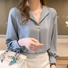 ブラウス レディース 長袖 Ｖネック シャツ Mサイズ