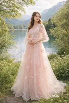 淡いピンク/立体フラワー/花の刺繍/チュールロングドレス/演奏会・発表会・二次会