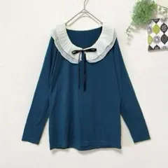 【レトロガール】 フリル襟カットソー M 長袖 青緑リボン 可愛い ガーリーのサムネイル