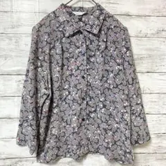 【古着】✨シャツ【XL】レギュラーカラー　長袖　花柄　大きめ　ブラック