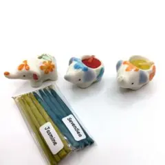 象のお香立て、お香、ミニキャンドルのセット　陶器