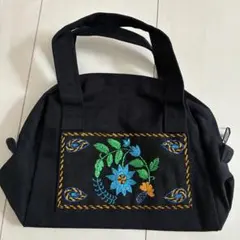 Angel 花柄刺繍 黒 ハンドバッグ　マチ付き