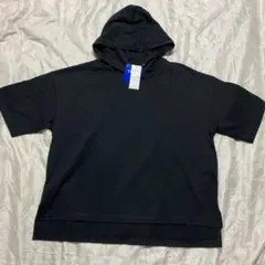 イオンオーガニックコットンレディースフード付き5分袖ゆるTシャツ黒新品のサムネイル