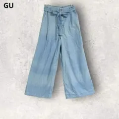 GU ジーユー　デニムワイドパンツ　ベルト付き　ライトブルー　L コットン100