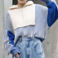 KBF レイヤードハーフジップニット 厚手 長袖 冬 青 ケービーエフ