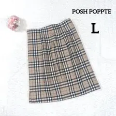 【ポッシュポップテ】ひざ丈スカート (Ｌ) ベージュ チェック柄 毛混 台形
