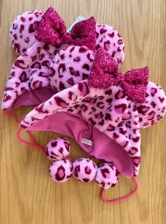 ミッキー耳付きピンクヒョウ柄帽子